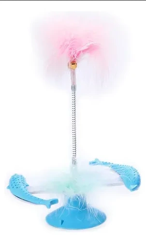 [24214] JUGUETE DENTAL MORDILLO DELFIN Y PLUMAS GIRATORIO PARA GATO CON SOPAPA